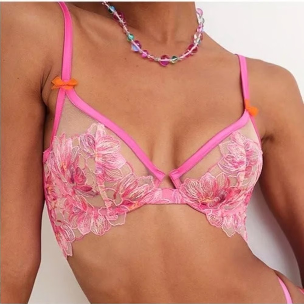 Brand New With Tags: For Love & Lemons Hibiscus Embroidered Pink Lace Mesh Bra